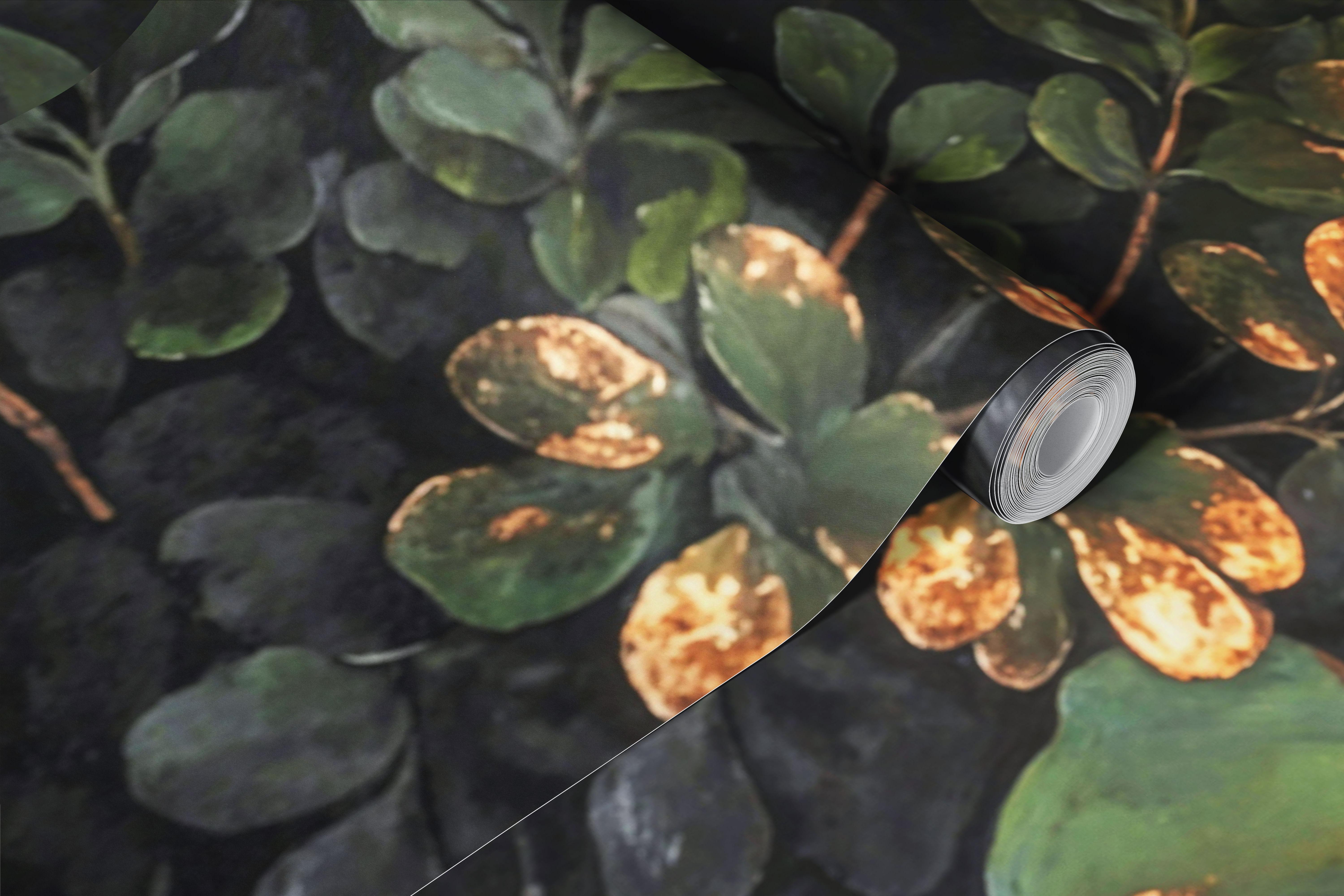 Emerald leaves wallpaper in a room setting