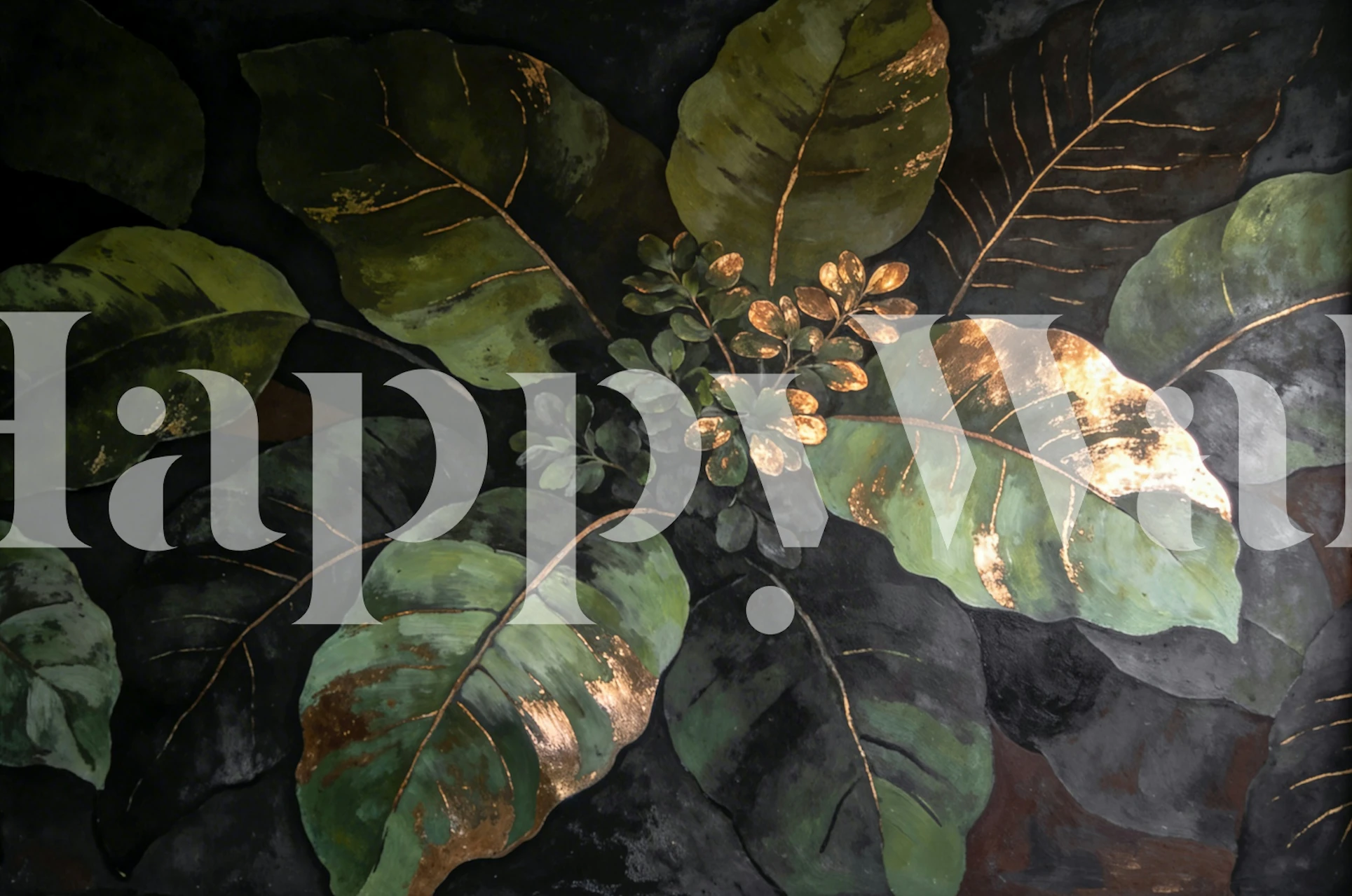 Emerald leaves wallpaper in a room setting