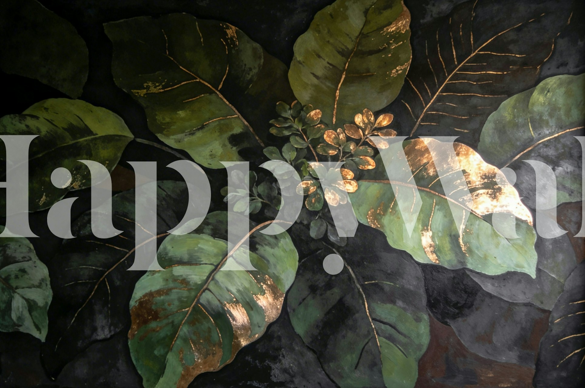 Emerald leaves wallpaper in a room setting