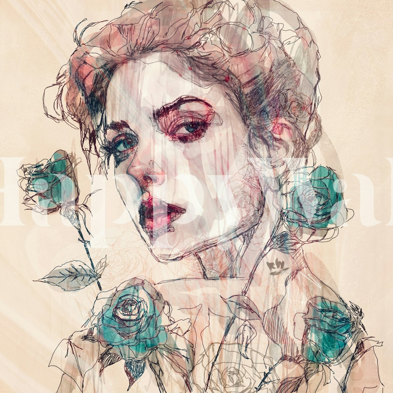 Taiteellinen tapettisuunnittelu ruusujen ja naisen kasvoilla