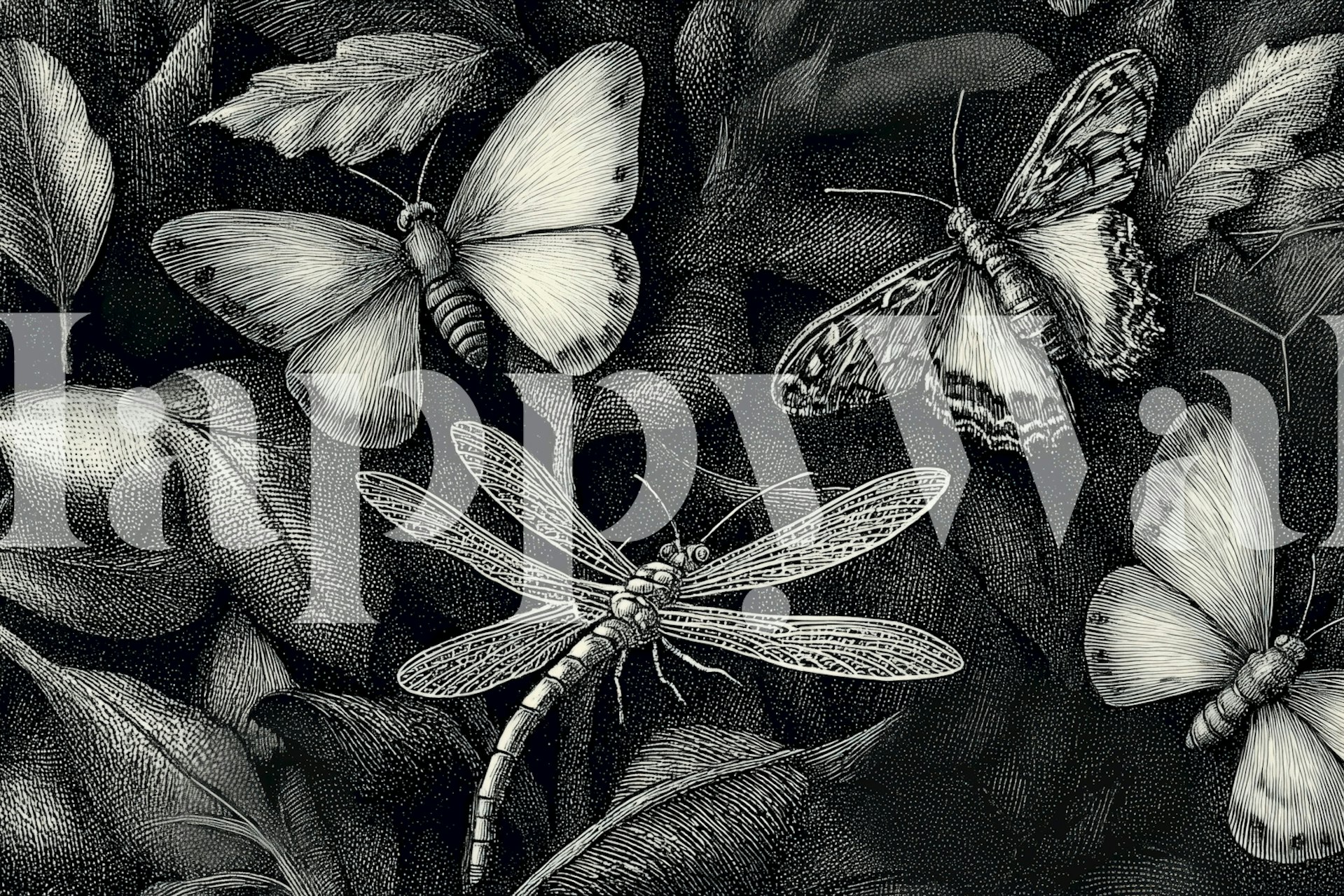 Midnight Insects Engraving behang in een kamer