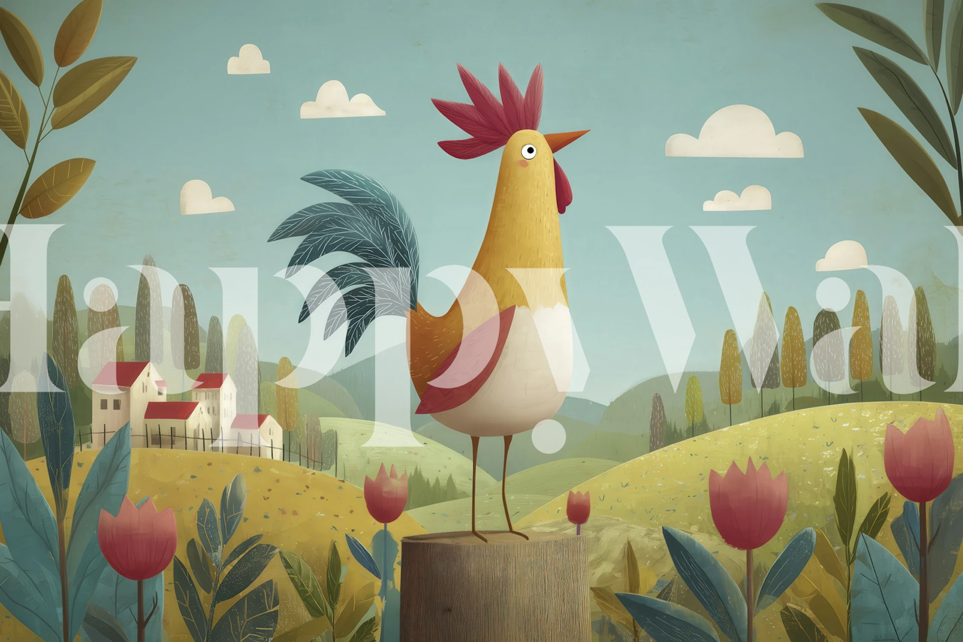 Whimsical Countryside Rooster tapéta egy szobában