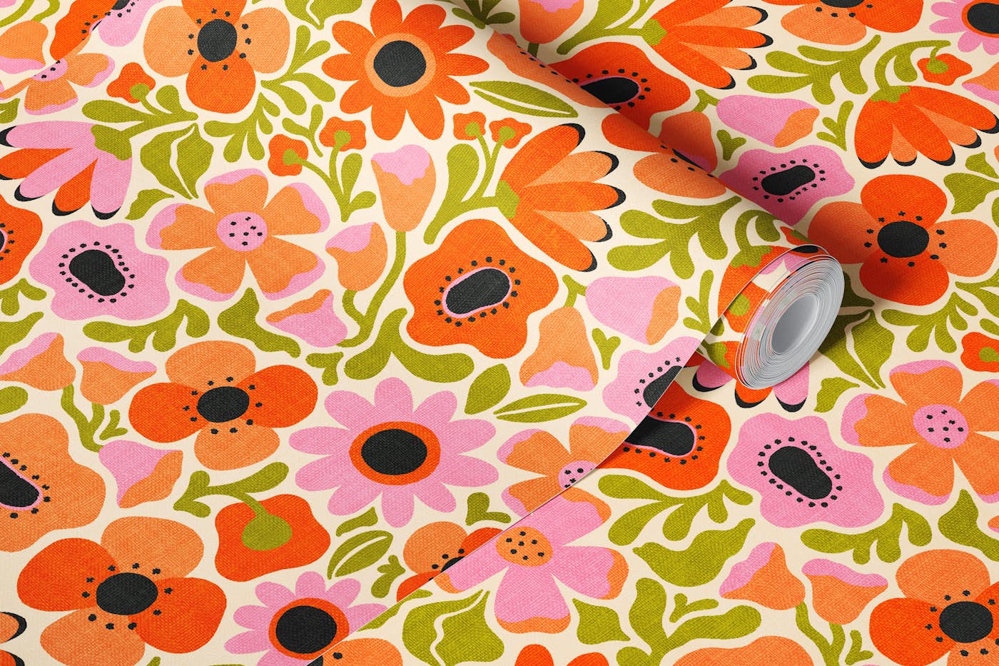 Mod Meadow in Pink and Orange - medium wallpaper roll