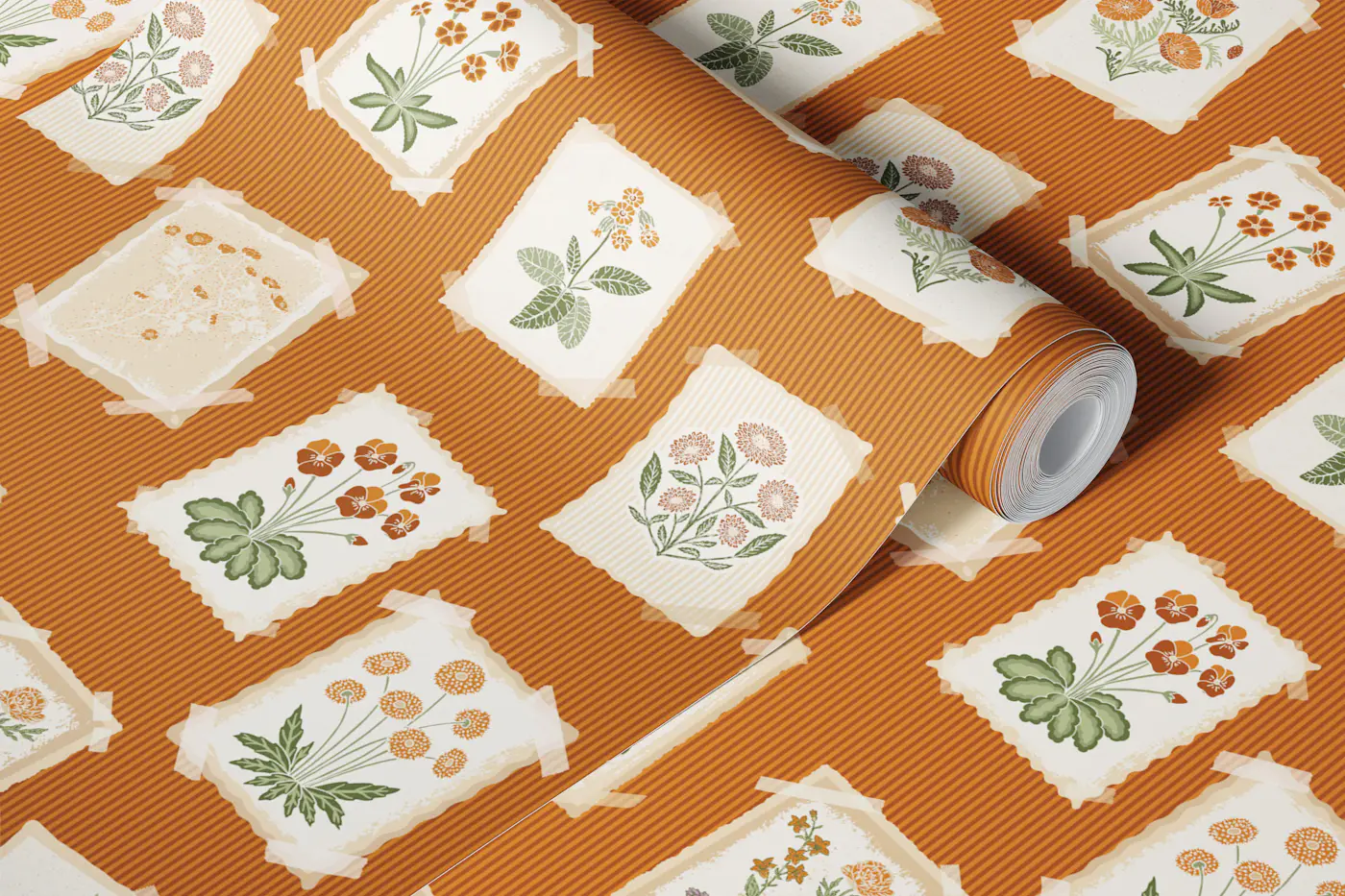 Vintage botanical postcards in orange wallpaper roll