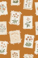 Vintage botanical postcards in orange wallpaper