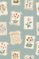 Vintage botanical postcards in blue wallpaper