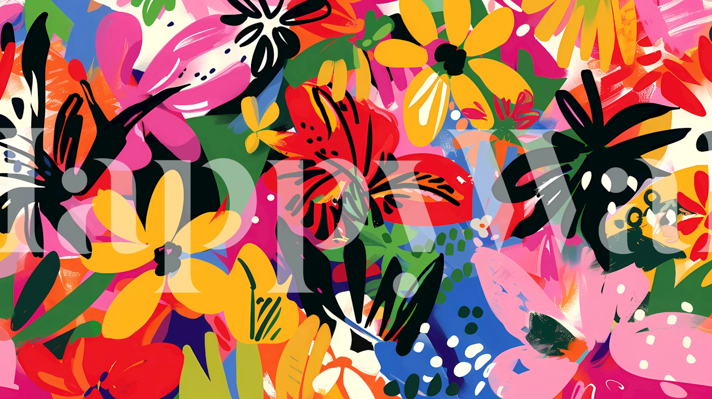 Bold floral burst wallpaper in a room