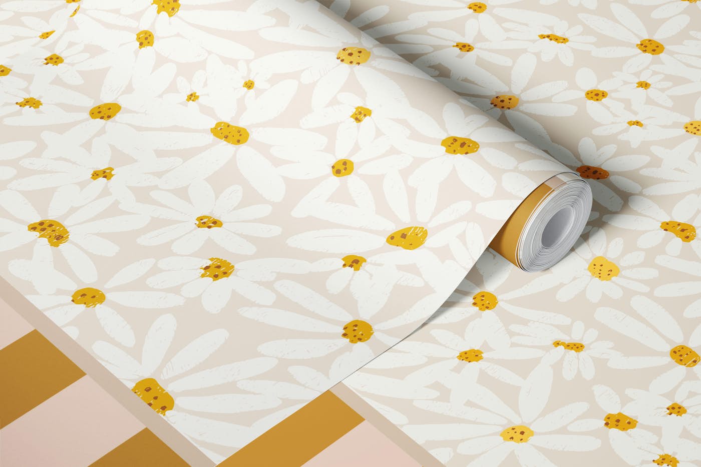 Striped Half wall & Daisy Meadow wallpaper roll