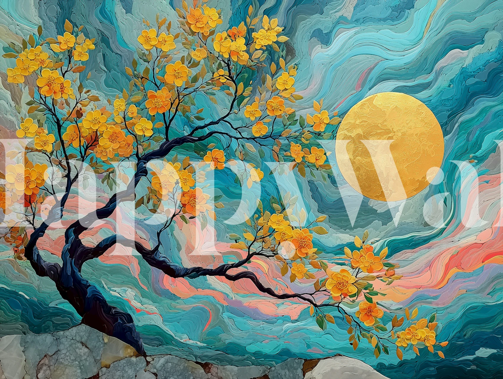 Golden Moon Blossom Tree tapet i et rum