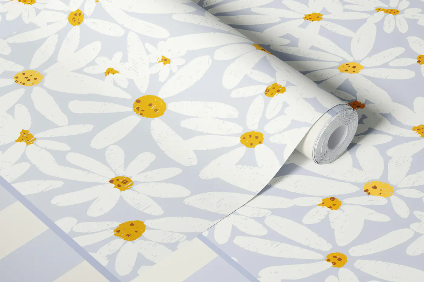 Half Wall Daisy Meadow on Blue with Stripes wallpaper roll