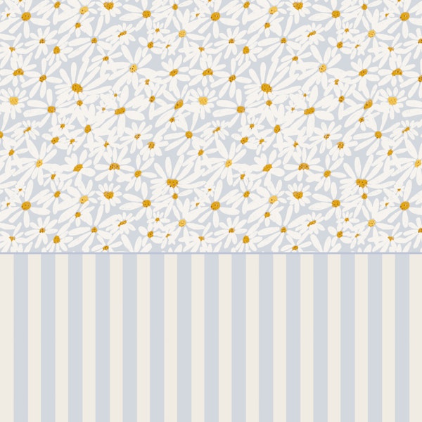Half Wall Daisy Meadow on Blue with Stripes