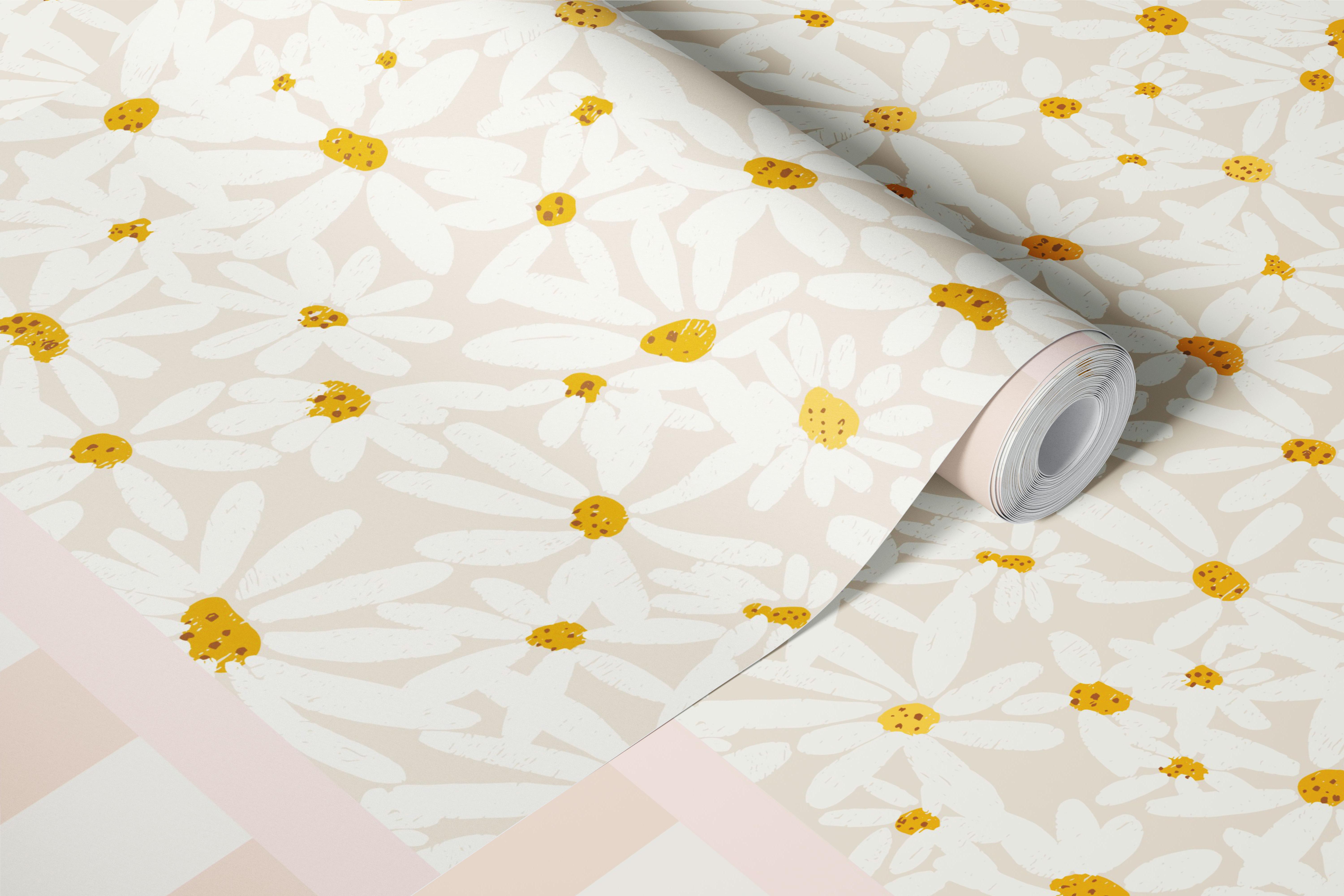 Pink striped wallpaper with white daisies