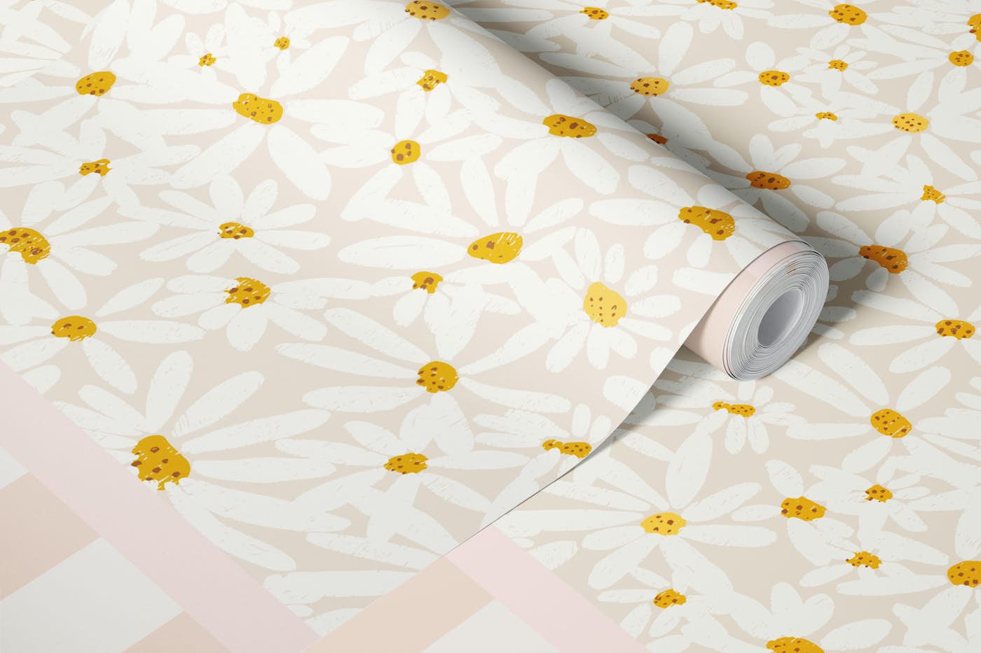 Pink Striped Half Panel with White Daisies wallpaper roll