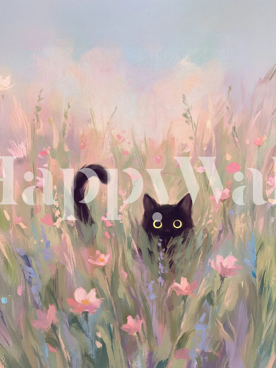 Black cat peeking through flowers wallpaper