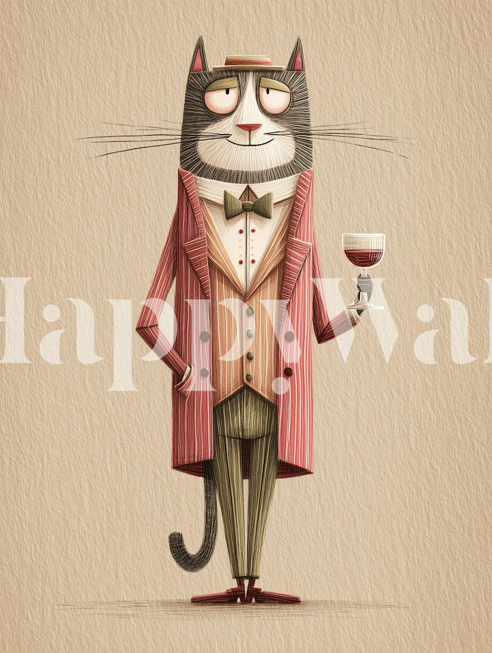 Elegant cat with wine glass wallpaper in a room