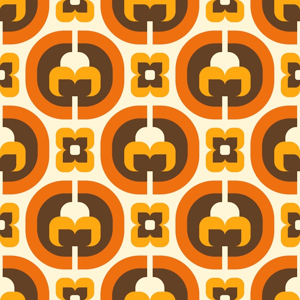Mid Century Mod Florals Orange Brown