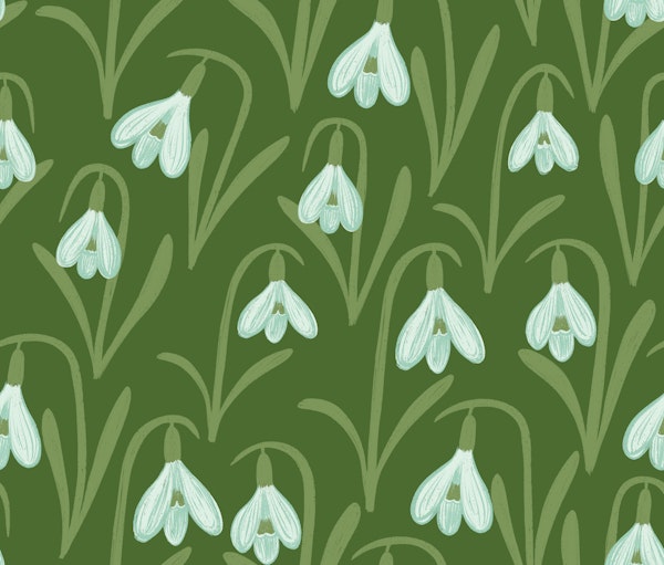 Spring Snowdrop Floral on Dark Olive Green
