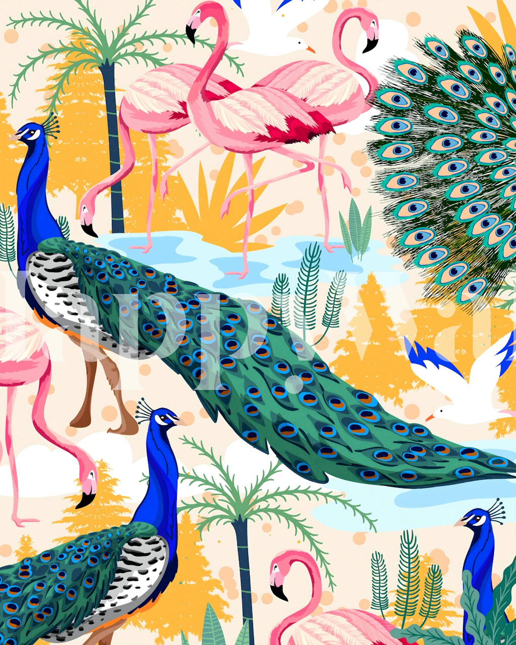 Utopian Forest wallpaper showing peacocks and flamingos