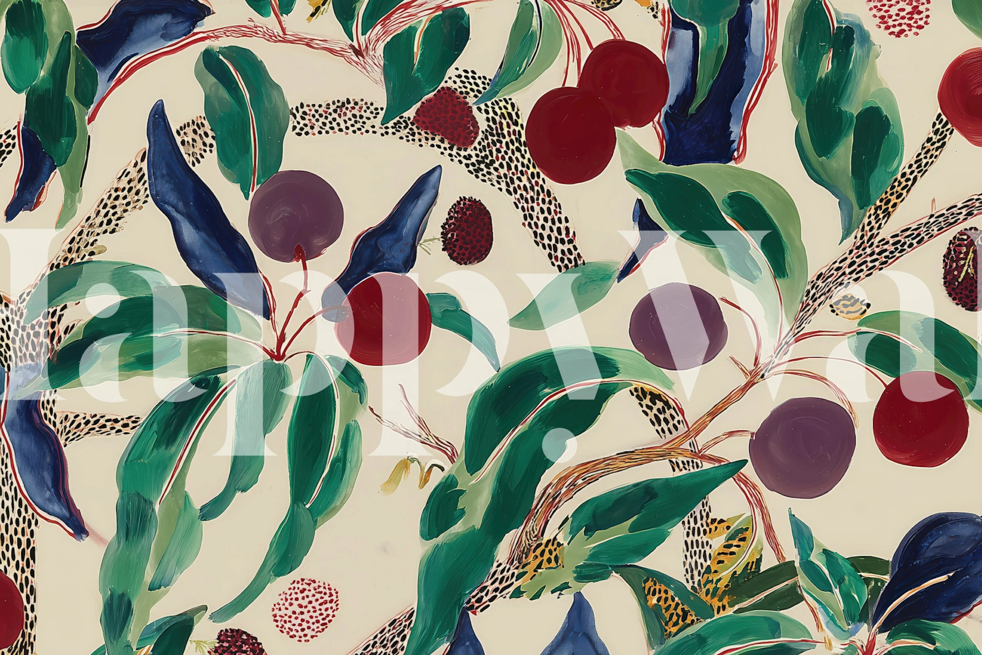 Vibrant botanical fruit pattern wallpaper in a room