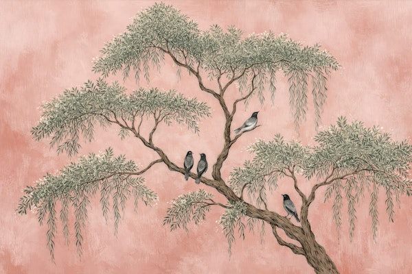 Graceful Tree with Birds in Blush