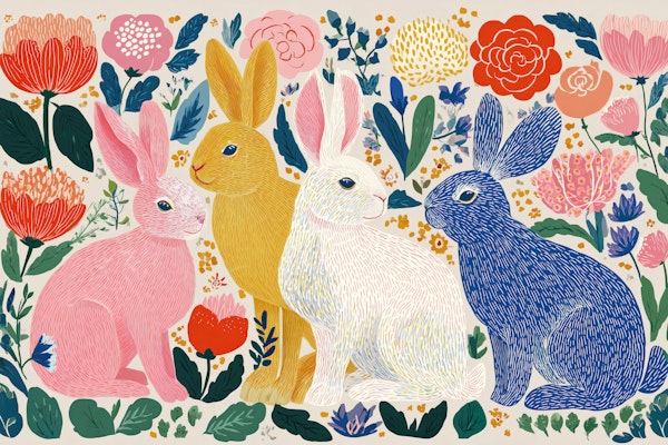Colorful Rabbits Floral Pattern
