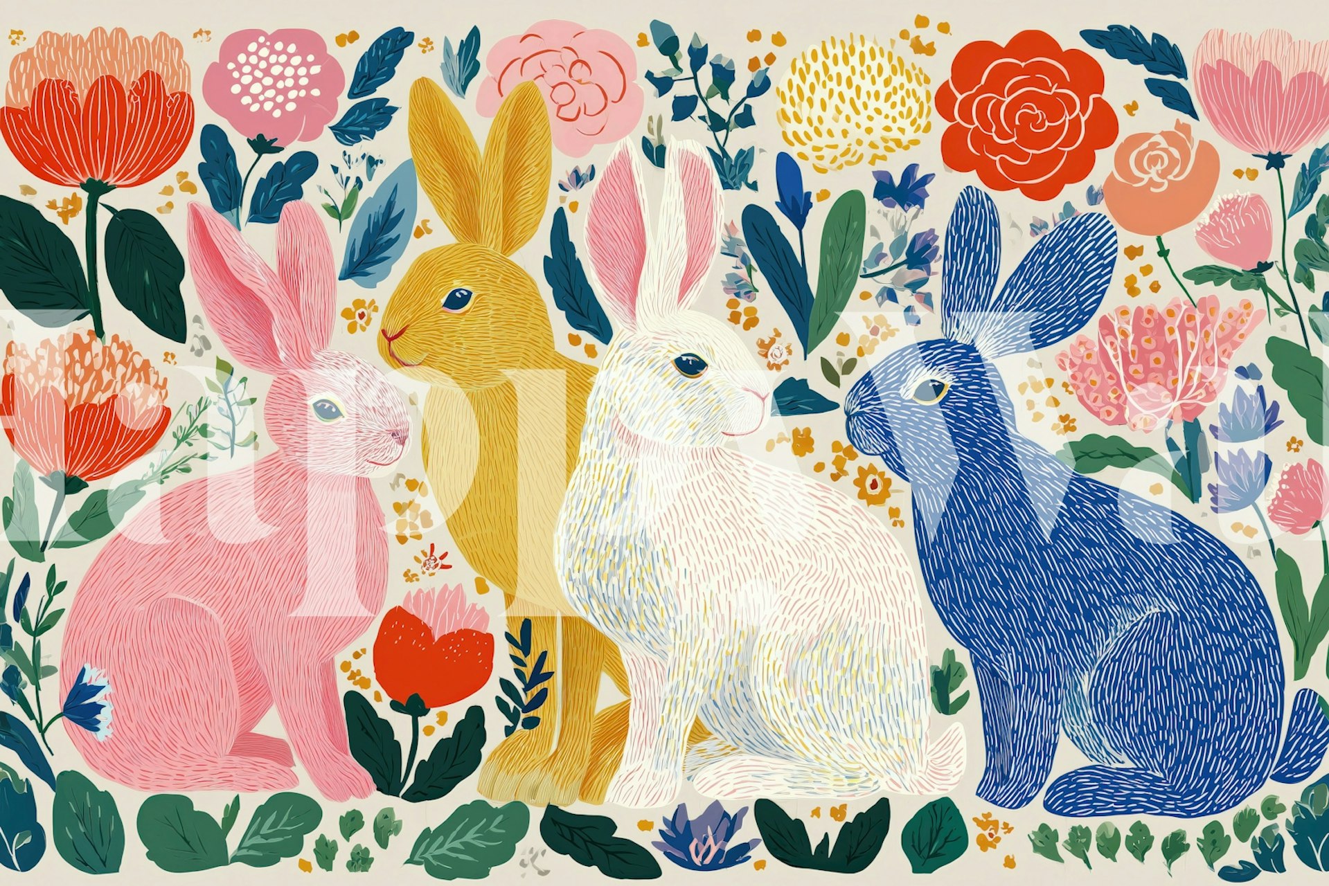 Colorful rabbits floral pattern wallpaper in a room