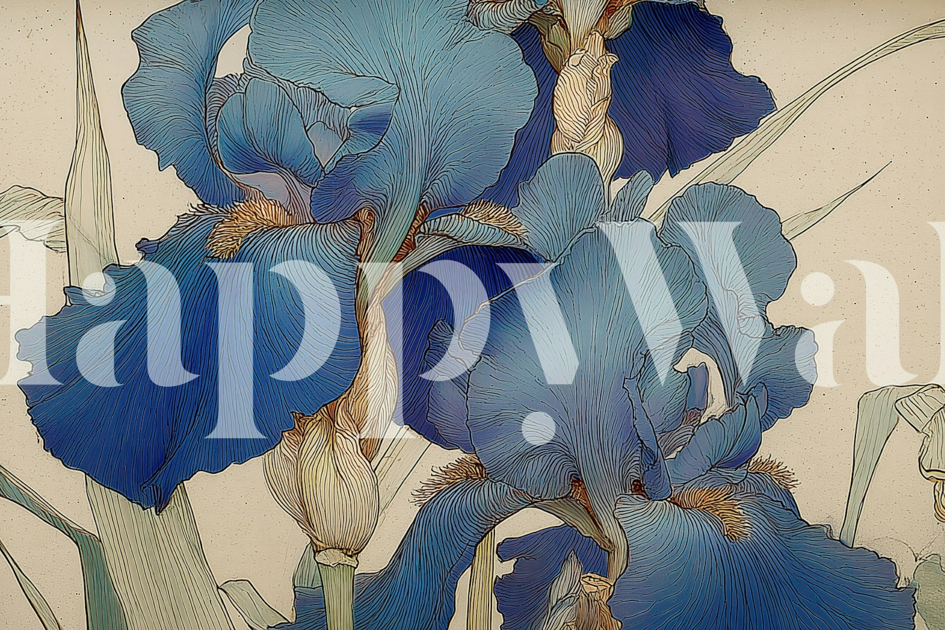 Elegant blue iris illustration wallpaper in a room