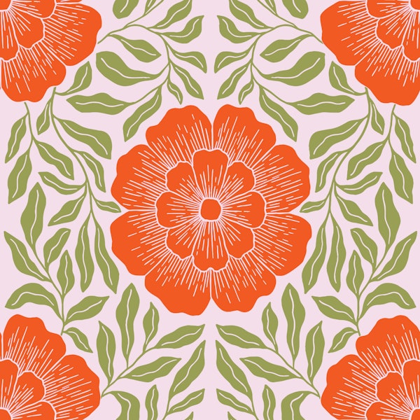 Block Print Orange and Green Florals