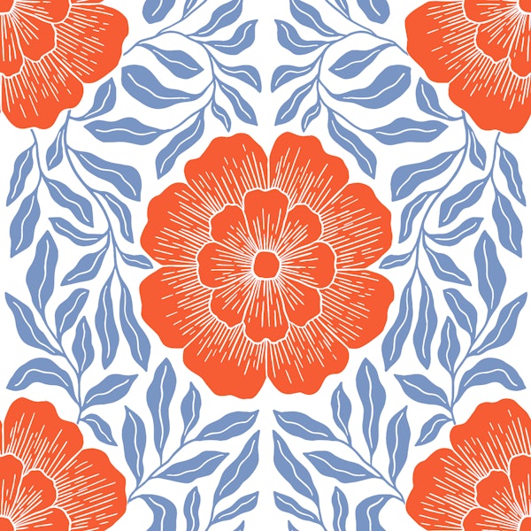 Block Print Pattern with Red and Blue Florals