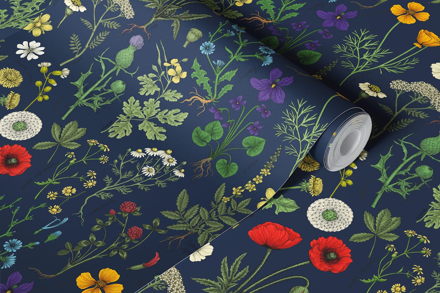 Wildflowers collage on navy wallpaper roll