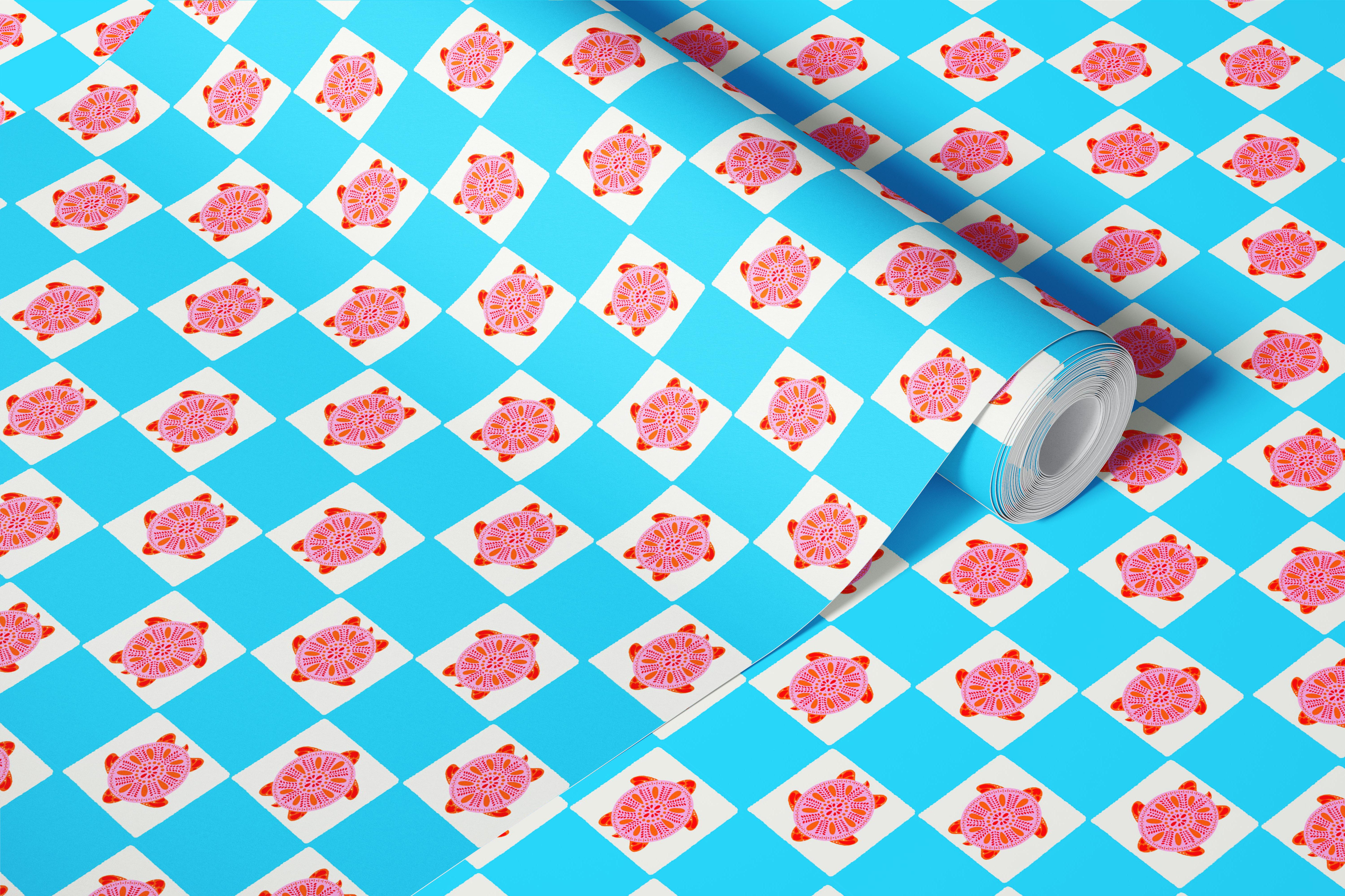 Vaaleanpunainen merikilpikonna ruutukuvioinen tapettisuunnittelu