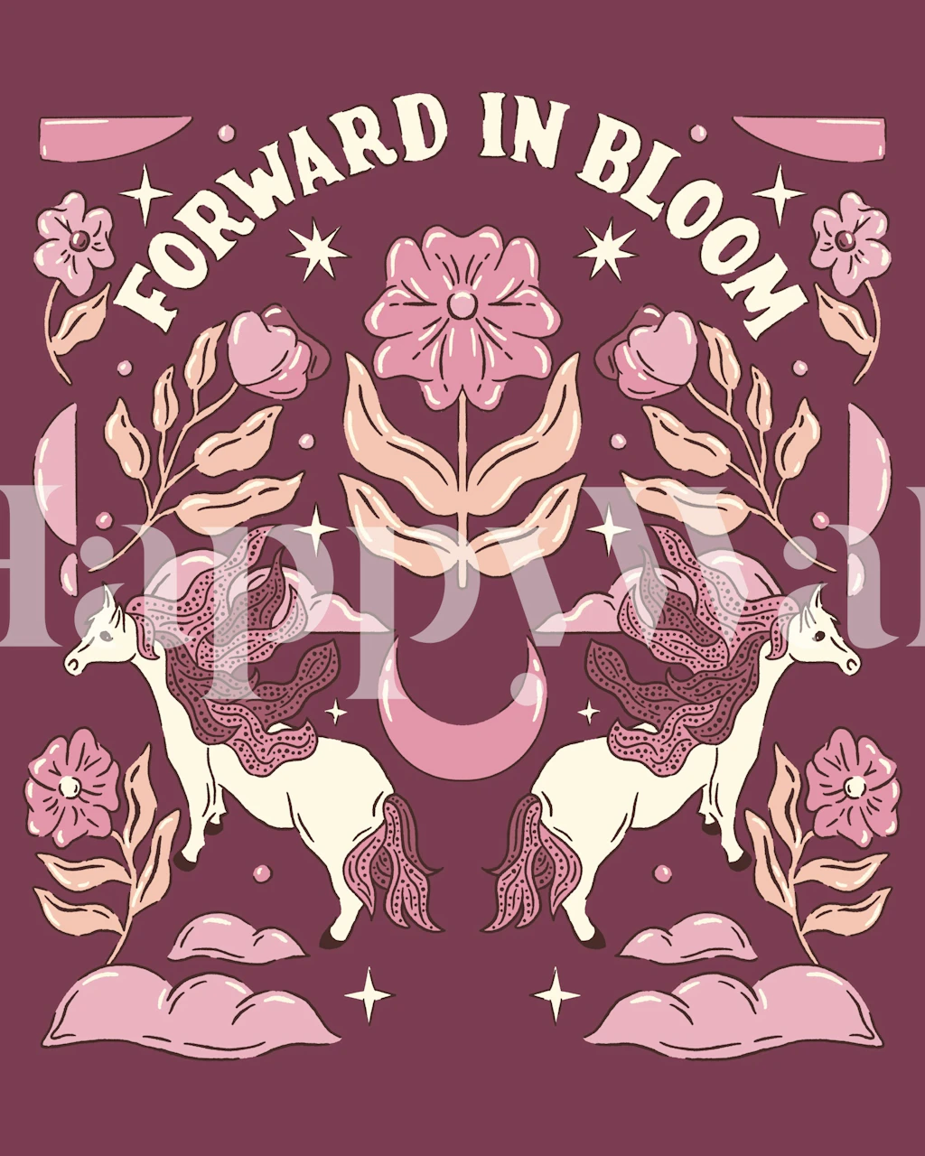 Žaismingi tapetai su stebuklingais arkliais ir gėlėmis