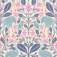 Blue Cranes with Pink and Blue Botanicals wallpaper