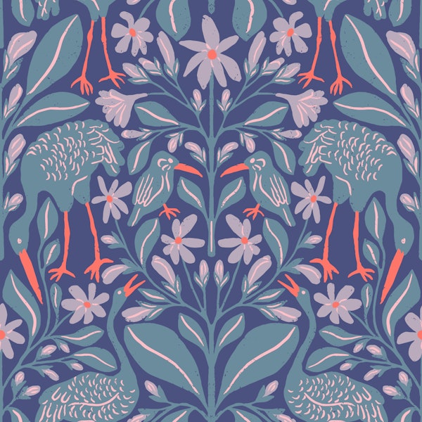 Blue Cranes with Violet and Blue Botanicals