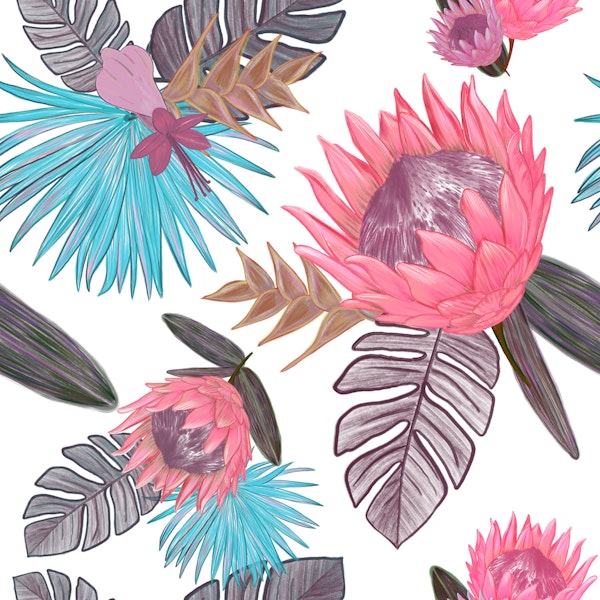 Pink Protea and Palm Leaves