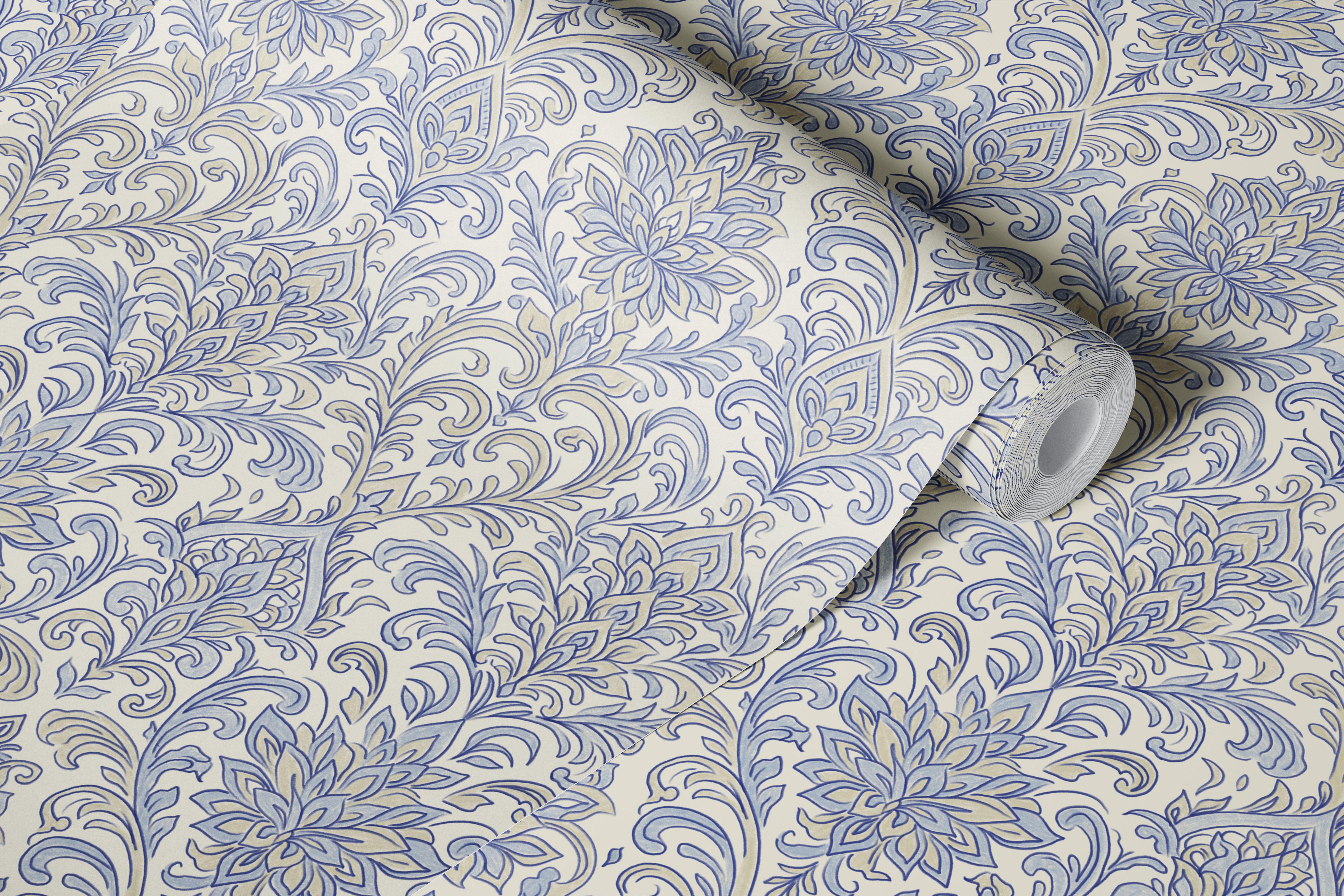 Tapet French Blue Ornate Damask într-o cameră
