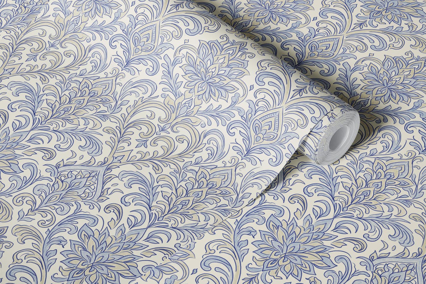 French Blue Ornate Damask wallpaper roll