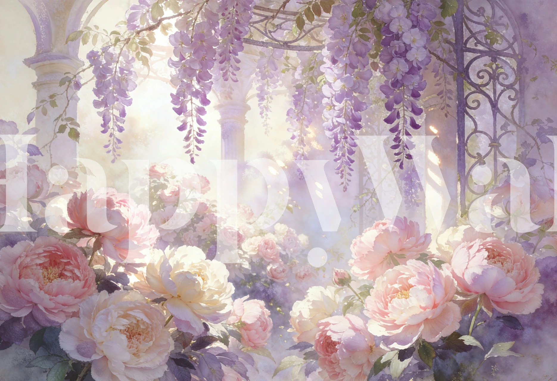 Wisteria Rose Garden Glow wallpaper in a room