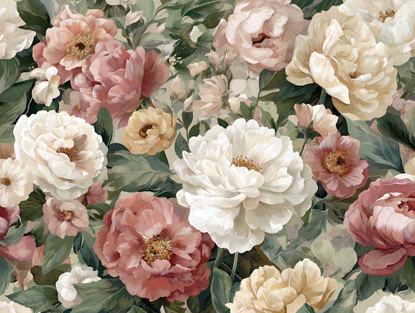 Romantic Peonies and Green Leaves