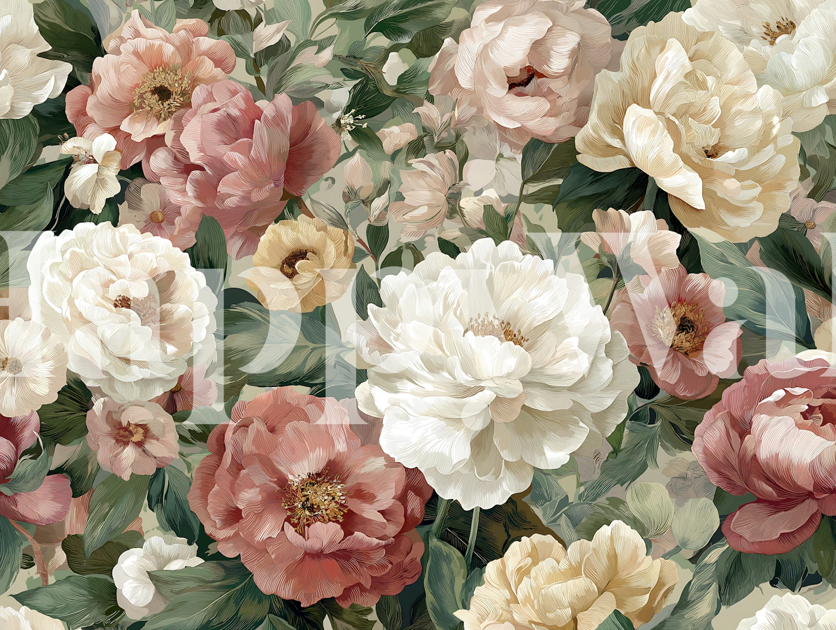 Floral wallpaper design with peonies and leaves