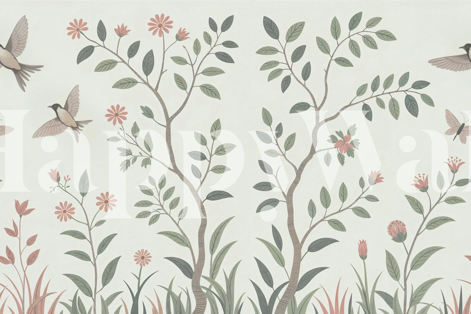 Vintage Bird Garden Blossoms wallpaper in a room