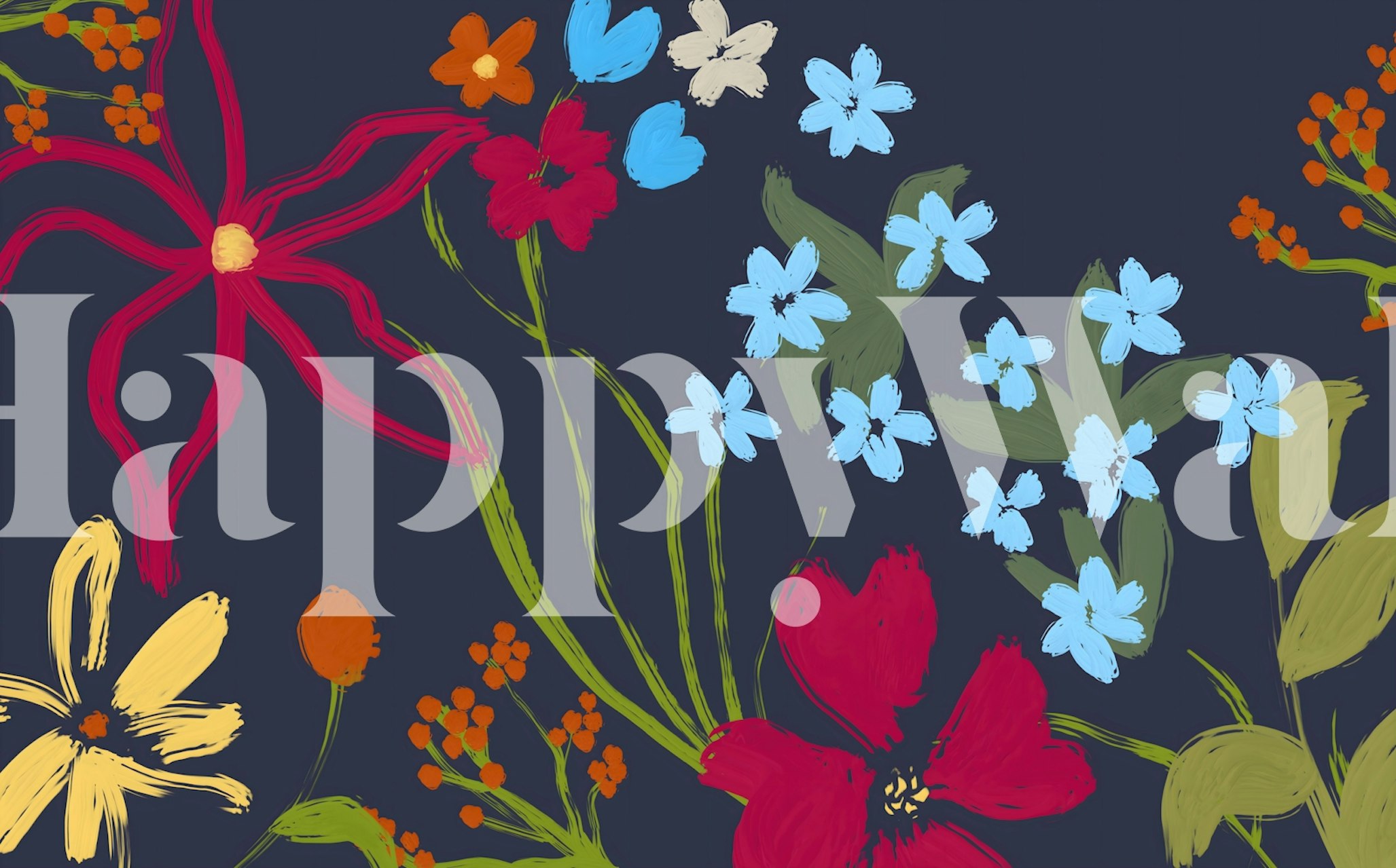 Vibrant botanical brush paint wallpaper in a room