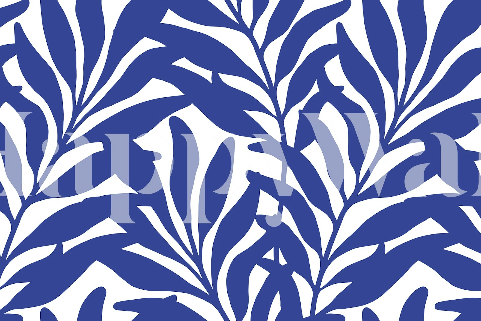 Blauw-wit bladerbos behang in kamer