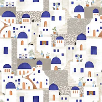 Santorini in cobalt blue grey terracota wallpaper