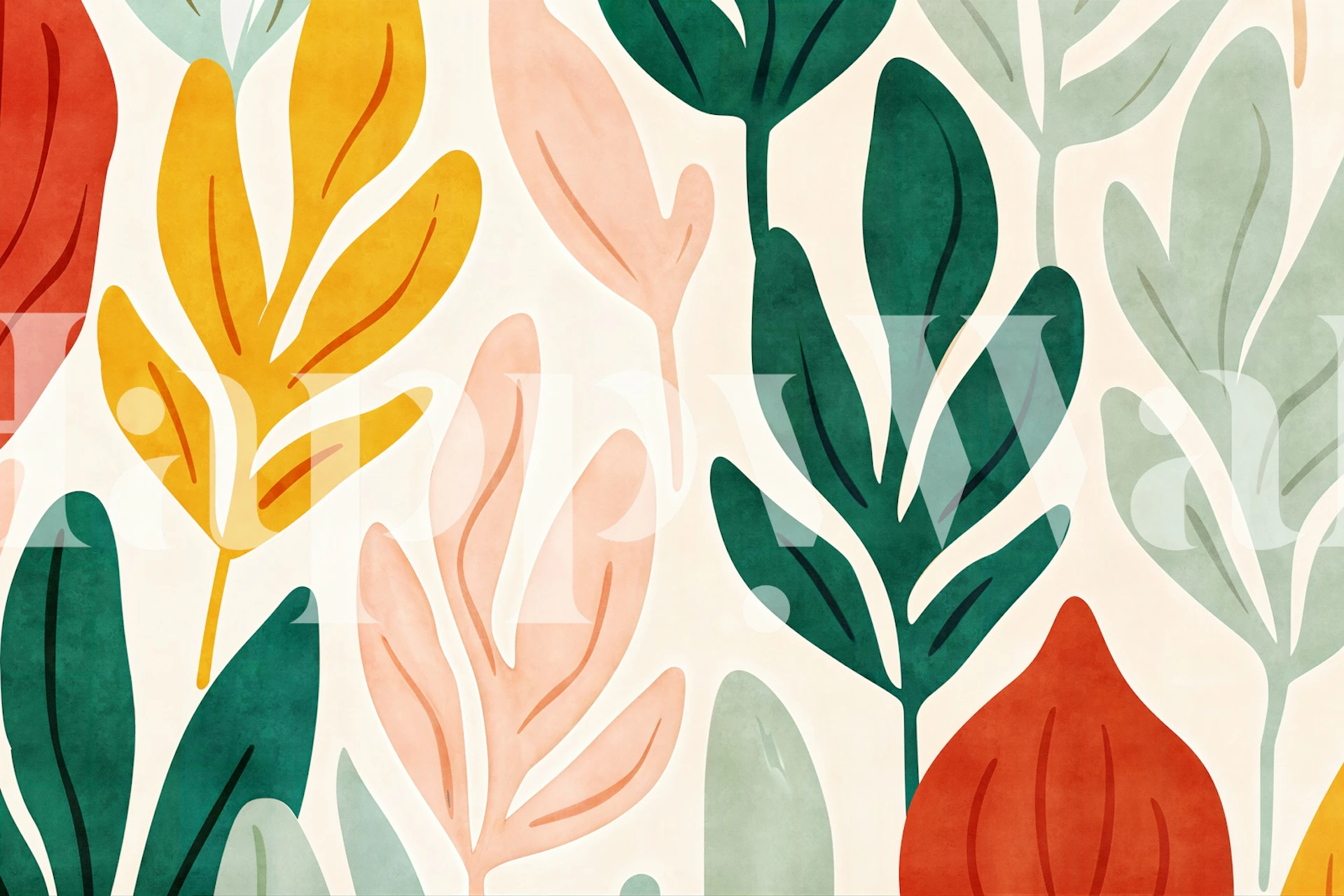 Colorful Scandi botanical leaves wallpaper