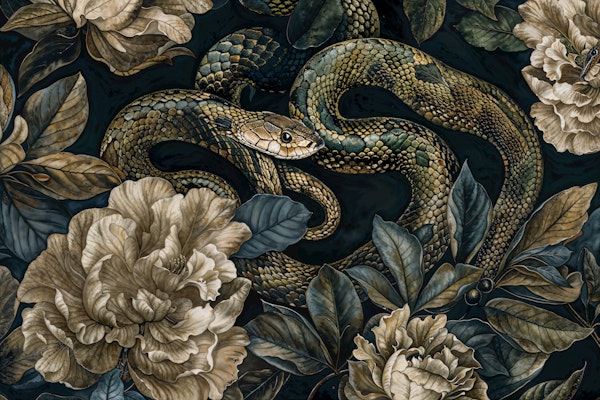 Dark Botanical Snake Mural Serpent