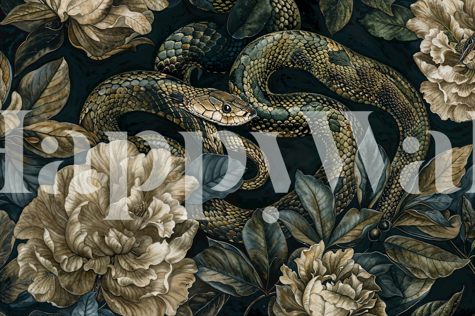Dark Botanical Snake Mural in a room