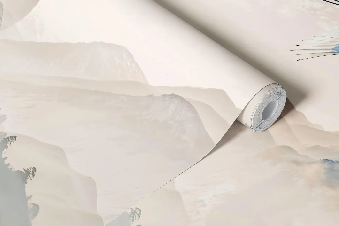 Flying Cranes Mural Over Foggy Peaks wallpaper roll