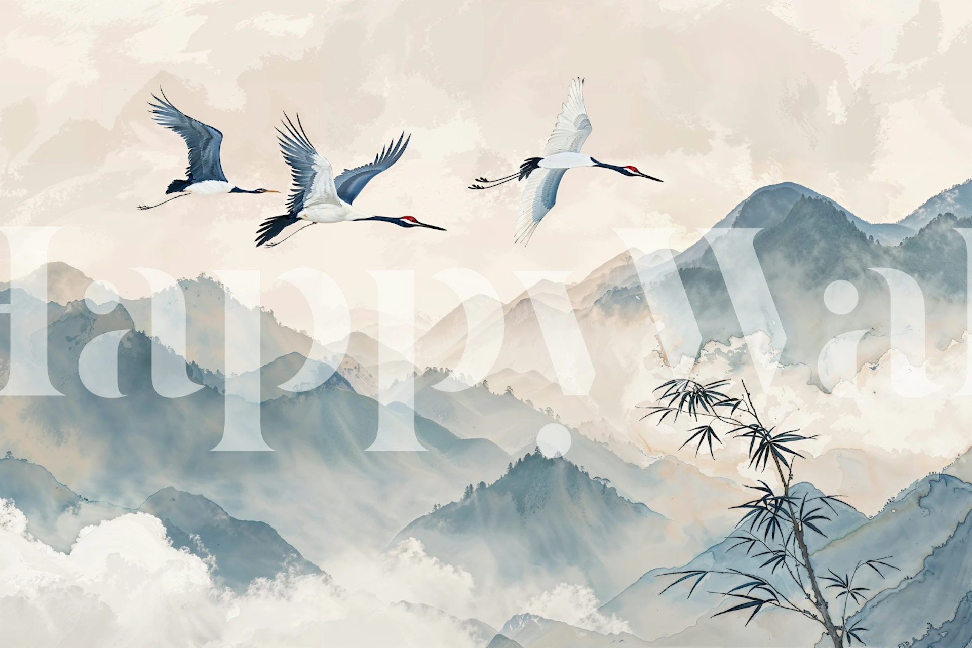 Flying cranes wallpaper in a room