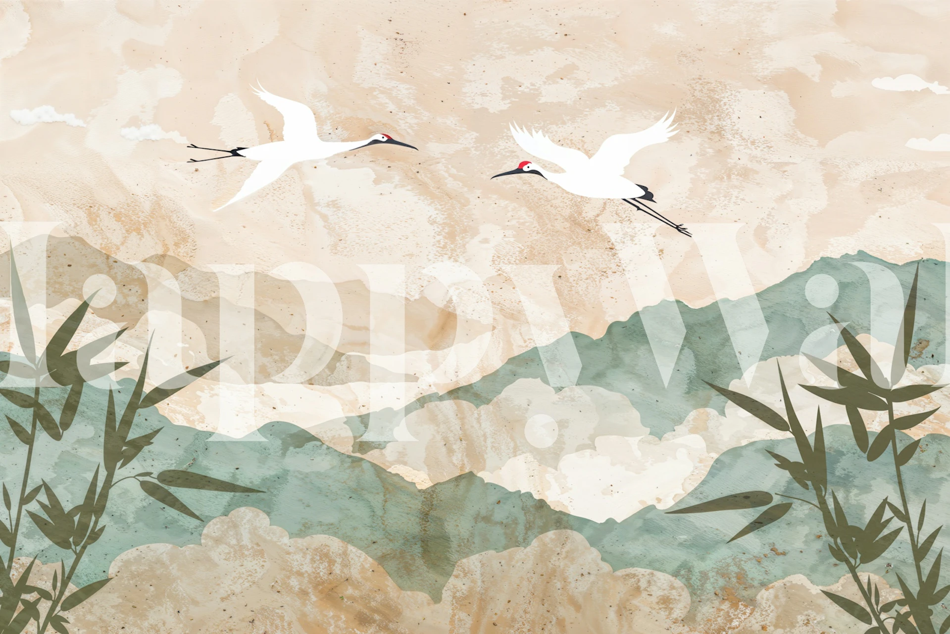 Zen Cranes in pastel sky mural in a room
